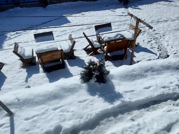 Tea House With Full Of Snow During Manaslu Trek