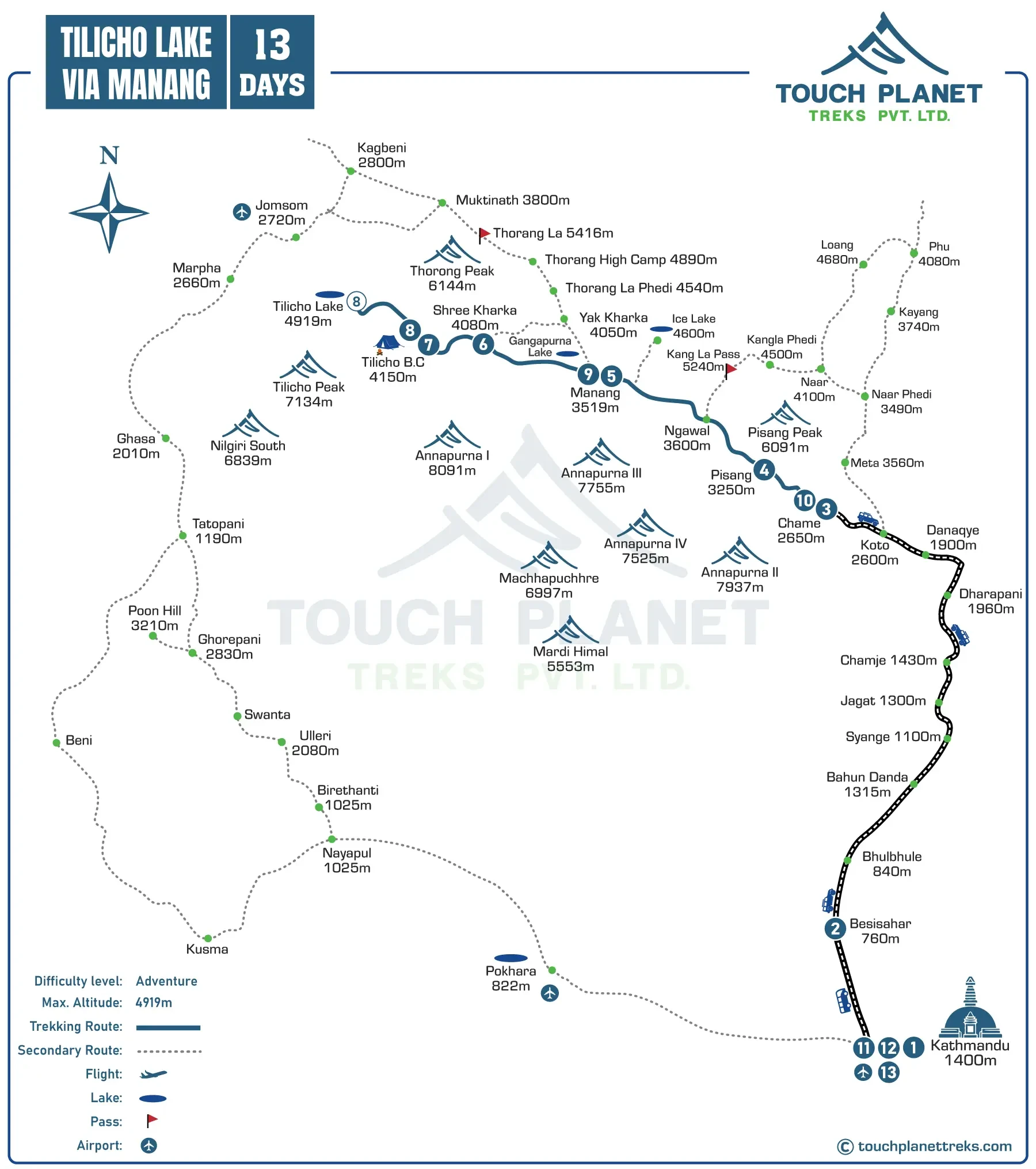 Tilicho Lake Trek via Manang Route Map